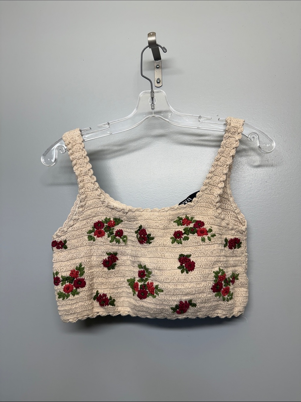 Zara Cream Crochet Crop Top with Red Floral Rose Embroidery